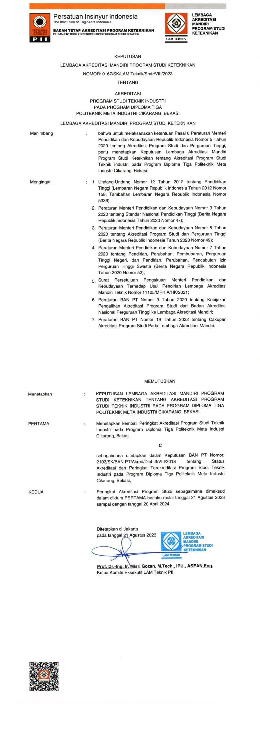 SK Izin Program Studi Teknik Industri